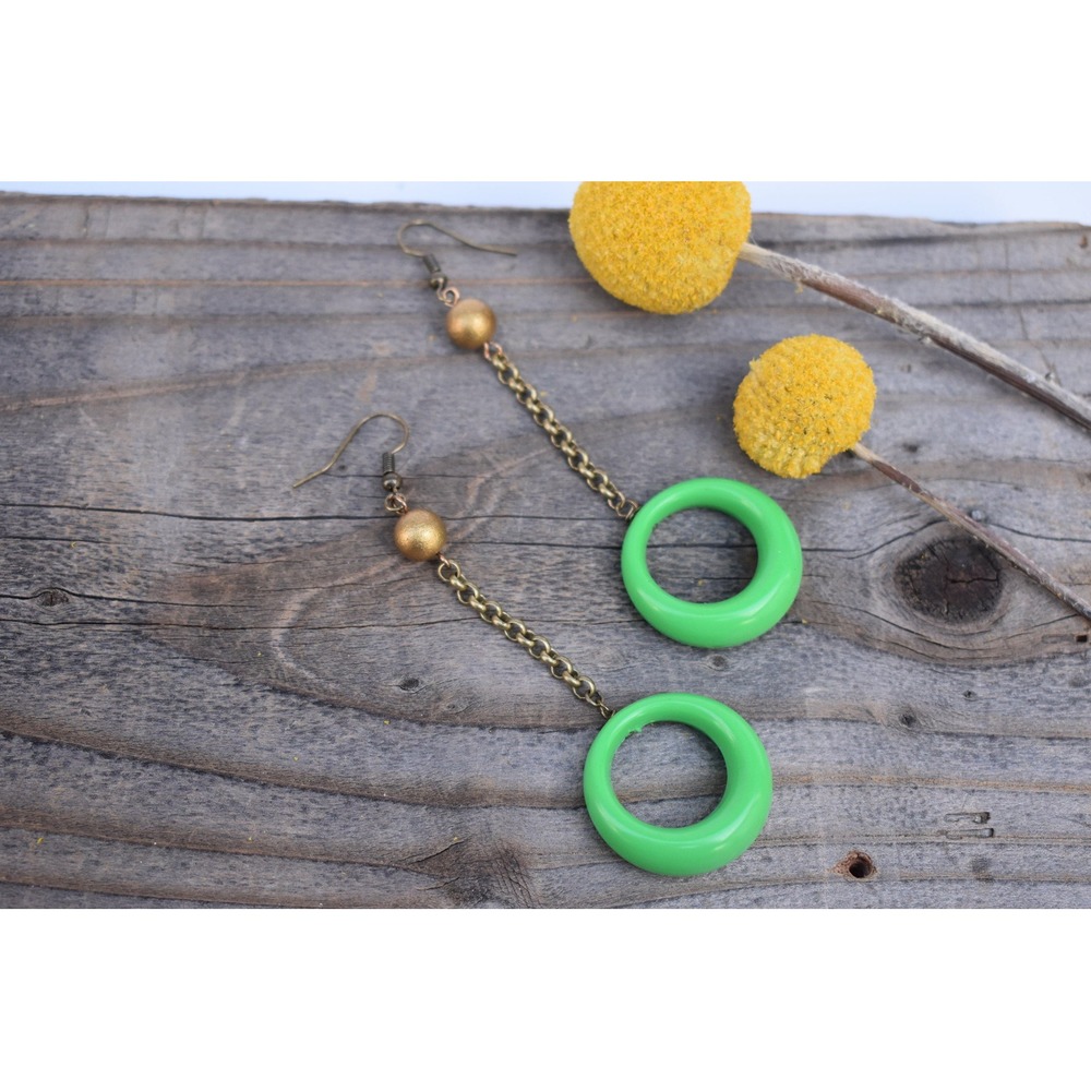 Lime Green Hoop Brass Boho Dangle Earrings Chain Drop Shoulder Duster
